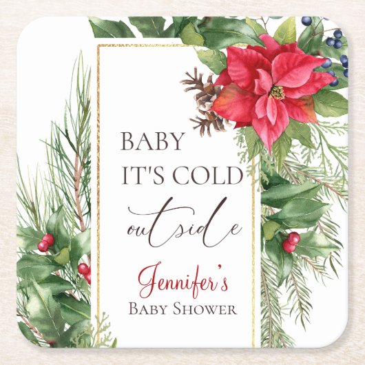 ベビーその寒い外の冬の赤ちゃんシャワー スクエアペーパーコースター (正面)