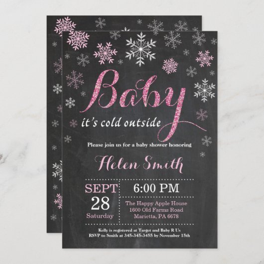 ベビーその寒い外の冬の赤ちゃんシャワー 招待状 (正面/裏面)