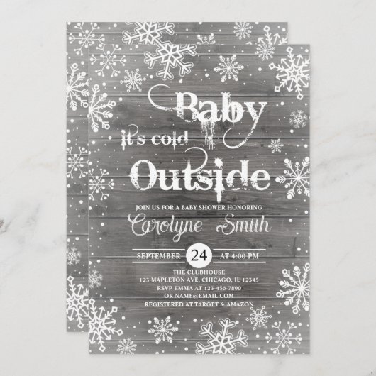 ベビーその寒い外の冬の赤ちゃん素朴シャワー 招待状 (正面/裏面)