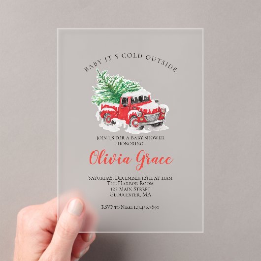 ベビーその寒い外の冬の赤トラック赤いシャワー アクリル招待状 (インサイチュ (ポータブル))