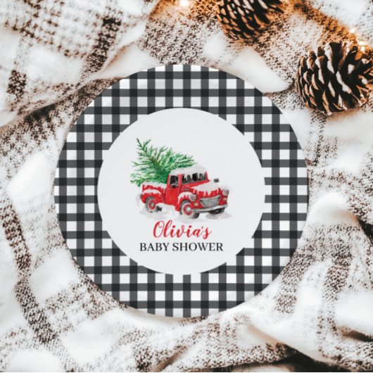 ベビーその寒い外の冬の赤トラック赤いシャワー ペーパープレート