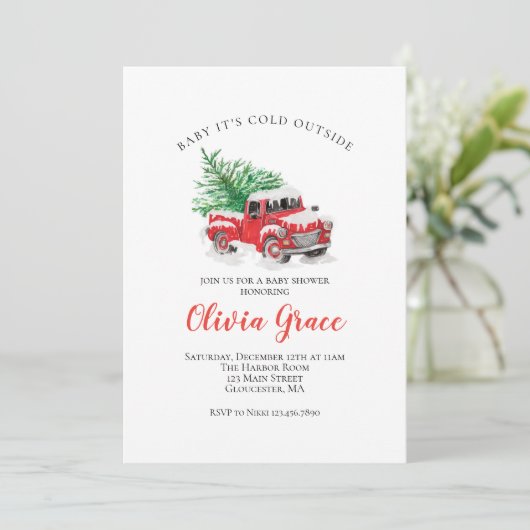 ベビーその寒い外の冬の赤トラック赤いシャワー 招待状 (スタンド正面)