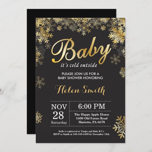 ベビーその寒い外の冬の金ゴールドベビーシャワー 招待状 (正面/裏面)