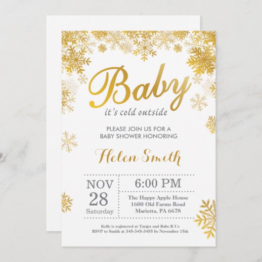 ベビーその寒い外の冬の金ゴールドベビーシャワー 招待状 (正面/裏面)