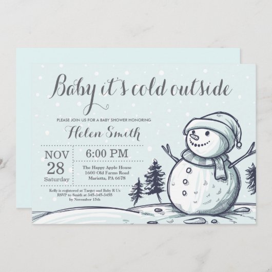 ベビーその寒い外の冬の雪だるまベビーシャワー 招待状 (正面/裏面)