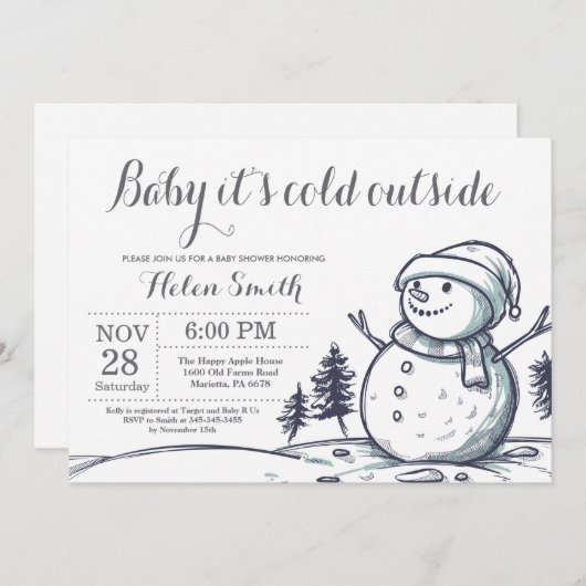 ベビーその寒い外の冬の雪だるまベビーシャワー 招待状 (正面/裏面)