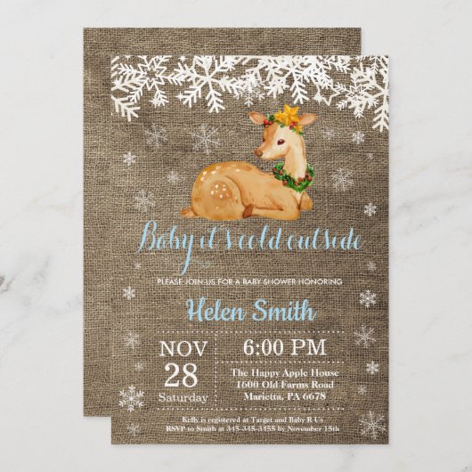 ベビーその寒い外の冬の鹿の男の子の赤ちゃんシャワー 招待状 (正面/裏面)