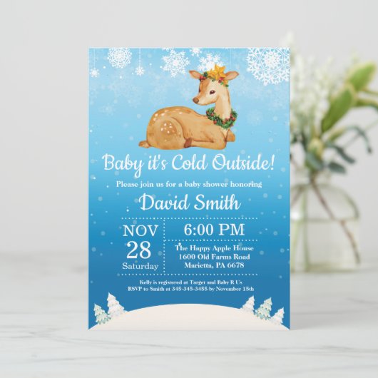 ベビーその寒い外の冬の鹿の男の子の赤ちゃんシャワー 招待状 (スタンド正面)