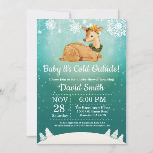 ベビーその寒い外の冬の鹿の赤ちゃんシャワー 招待状 (正面)