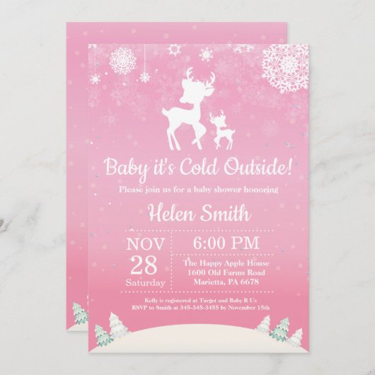 ベビーその寒い外の冬の鹿ガールベビーシャワー 招待状 (正面/裏面)