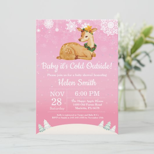 ベビーその寒い外の冬の鹿ガールベビーシャワー 招待状 (スタンド正面)