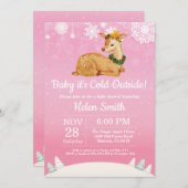 ベビーその寒い外の冬の鹿ガールベビーシャワー 招待状 (正面/裏面)
