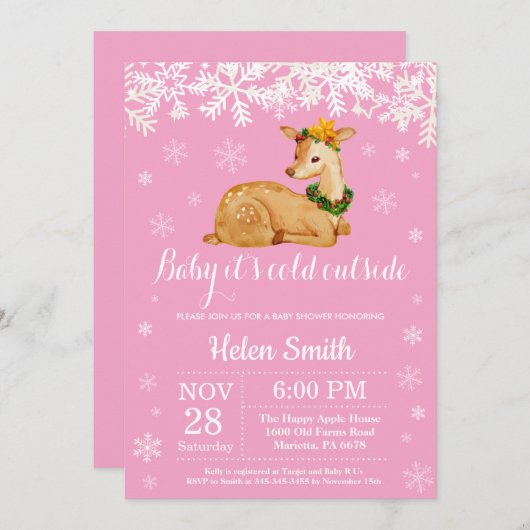 ベビーその寒い外の冬の鹿ガールベビーシャワー 招待状 (正面/裏面)