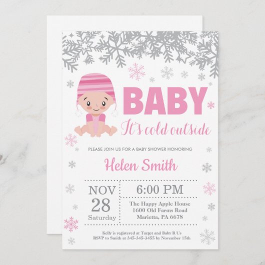 ベビーその寒い外の冬ピンクの女の子の赤ちゃんシャワー 招待状 (正面/裏面)
