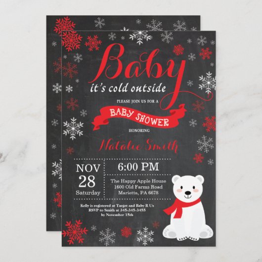 ベビーその寒い外の寒い白熊の赤いベビーシャワー 招待状 (正面/裏面)
