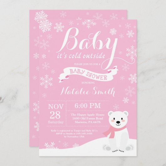 ベビーその寒い外冬の女の子の赤ん坊シャワーピンク 招待状 (正面/裏面)
