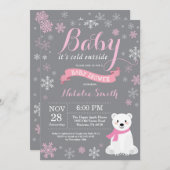 ベビーその寒い外冬の女の子の赤ん坊シャワーピンク 招待状 (正面/裏面)