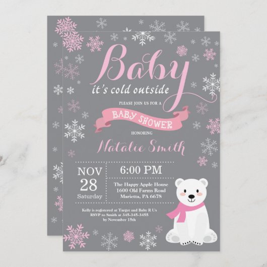 ベビーその寒い外冬の女の子の赤ん坊シャワーピンク 招待状 (正面/裏面)