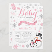 ベビーその寒い外冬の女の子の赤ん坊シャワーピンク 招待状 (正面/裏面)
