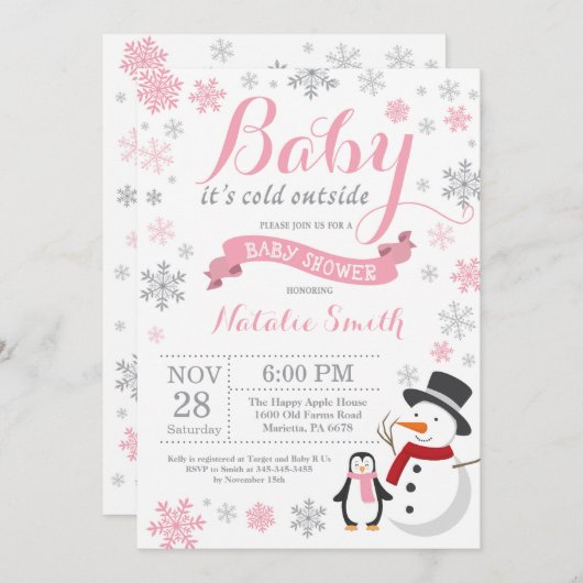 ベビーその寒い外冬の女の子の赤ん坊シャワーピンク 招待状 (正面/裏面)