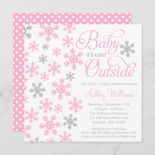 ベビーそれは冷たい外のピンクの灰色のベビーシャワーです 招待状 (正面/裏面)