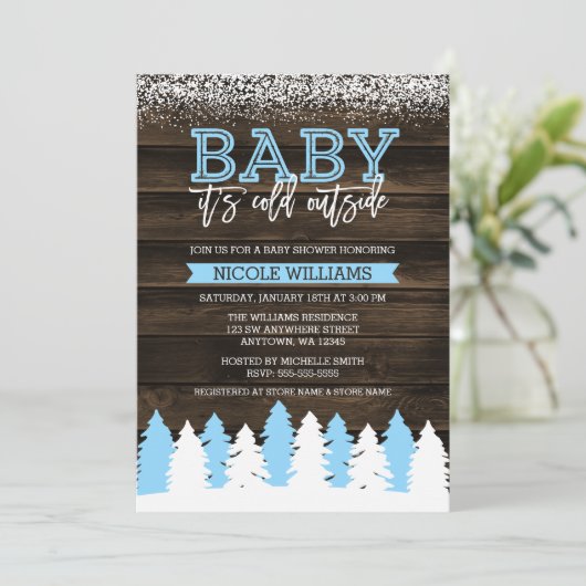 ベビーそれは冷たい外の冬の雪の男の子のベビーシャワーです 招待状 (スタンド正面)