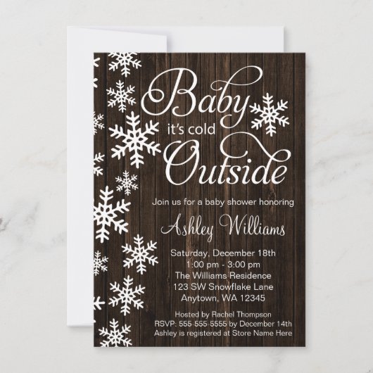ベビーそれは冷たい外側の素朴な木製のベビーシャワーです 招待状 (正面)