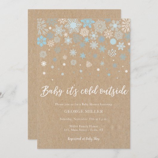 ベビーそれは冷たい外側、雪片のベビーシャワーです 招待状 (正面/裏面)