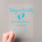 ベビーで冬の赤ちゃんシャワーブルーベビー足スノーフレーク アクリル招待状 (インサイチュ (ポータブル))