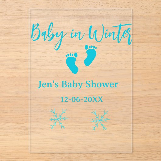 ベビーで冬の赤ちゃんシャワーブルーベビー足スノーフレーク アクリル招待状 (正面)