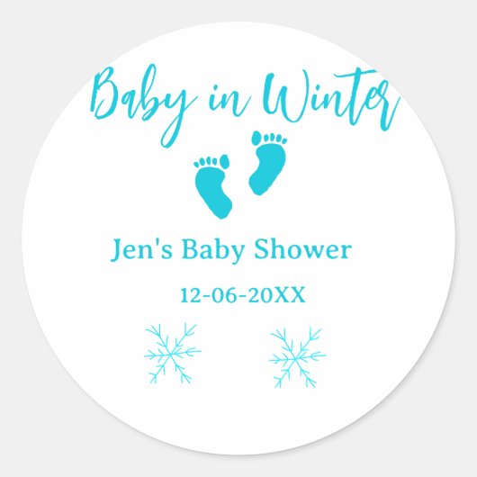 ベビーで冬の赤ちゃんシャワーブルーベビー足スノーフレーク ラウンドシール (正面)