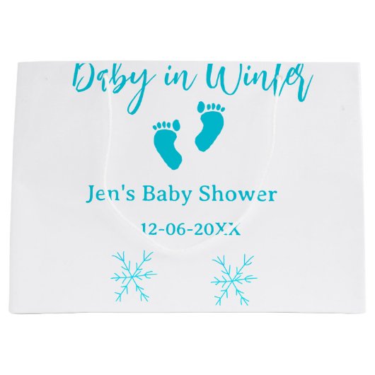 ベビーで冬の赤ちゃんシャワーブルーベビー足スノーフレーク ラージペーパーバッグ (正面)