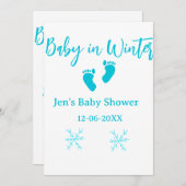 ベビーで冬の赤ちゃんシャワーブルーベビー足スノーフレーク 招待状 (正面/裏面)