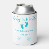 ベビーで冬の赤ちゃんシャワーブルーベビー足スノーフレーク 缶クーラー (缶正面)