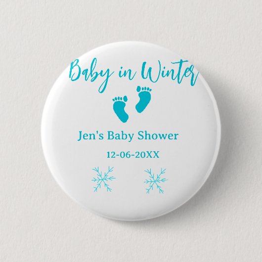 ベビーで冬の赤ちゃんシャワーブルーベビー足スノーフレーク 缶バッジ (正面)
