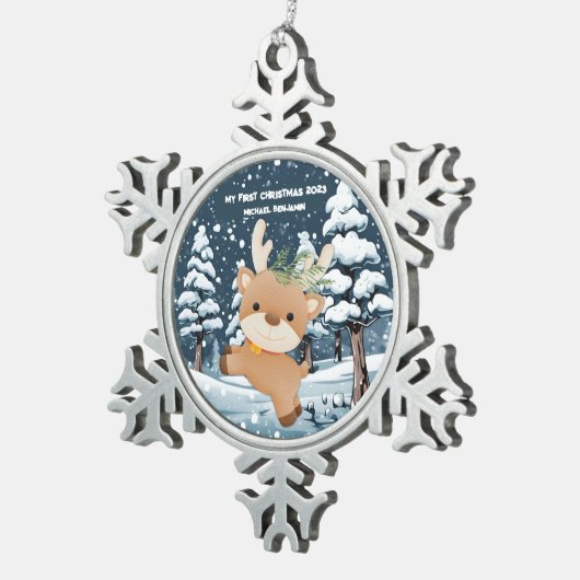 ベビーで初めてかわいい鹿パーソナライズされた スノーフレークピューターオーナメント (右)