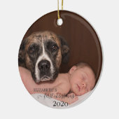ベビーと犬，初めてのクリスマス，写真 セラミックオーナメント (左)