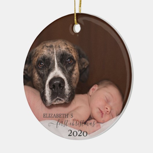 ベビーと犬,初めてのクリスマス,写真 セラミックオーナメント (左)
