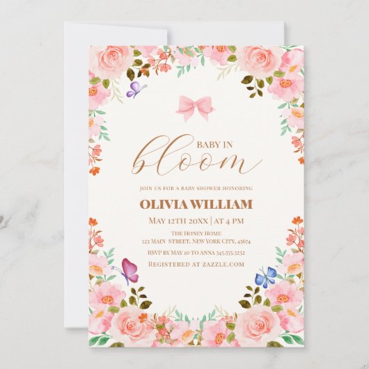 ベビーに開花フラワーバタフライボウベイビーシャワー 招待状 (正面)