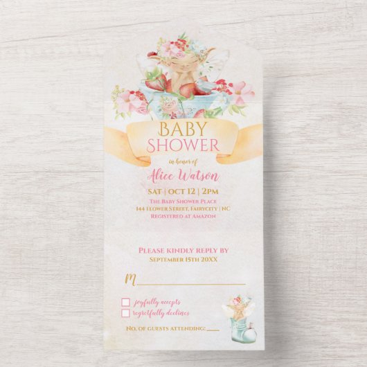 ベビーのおとぎが1杯のイチゴのおにぎりシャワーに オールインワン招待状 (内側)