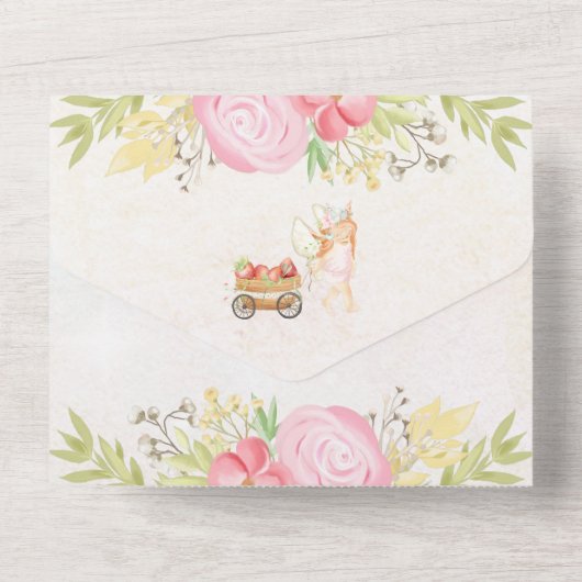 ベビーのおとぎが1杯のイチゴのおにぎりシャワーに オールインワン招待状 (裏面)