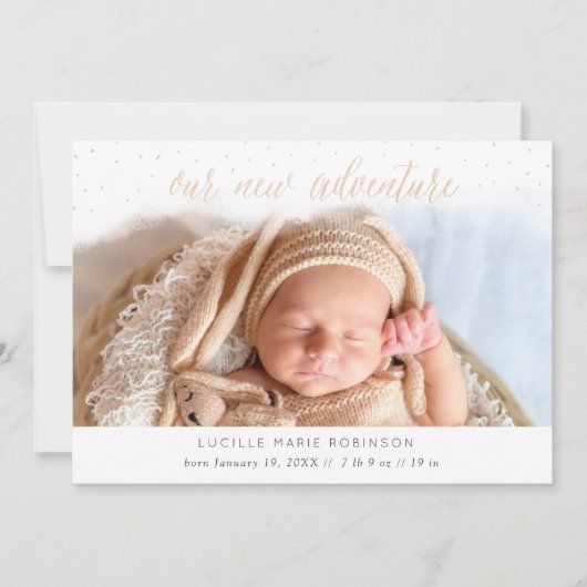 ベビーのお知らせ – 新しいアドベンチャー金ゴールド 案内状 (正面)