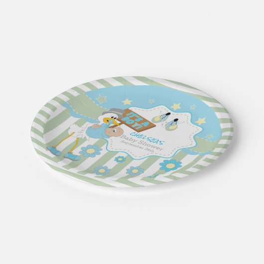 ベビーのこうのとりの男の赤ちゃんのシャワー ペーパープレート (アングル)