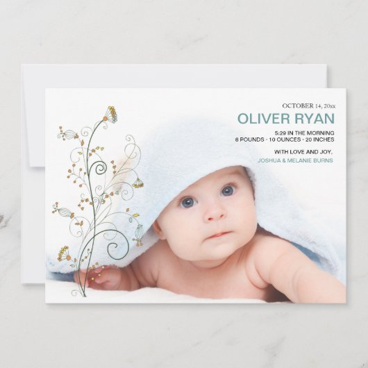ベビーのつる植物の写真の誕生の発表 案内状 (正面)