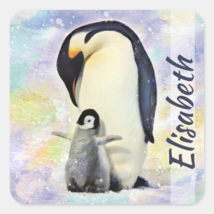 ベビーのひよこの水彩画を持つコウテイペンギン スクエアシール