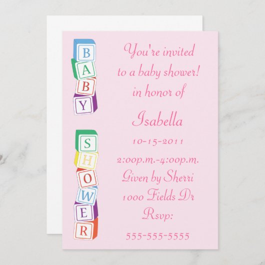 ベビーのアルファベットのブロックの女の子のベビーシャワーの招待状 招待状 (正面/裏面)