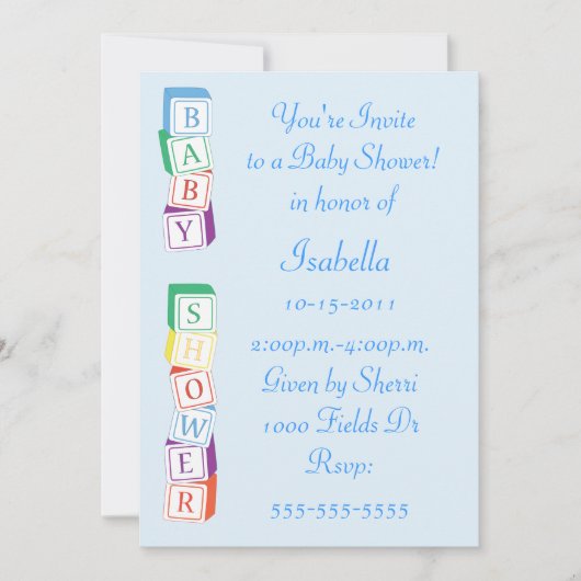ベビーのアルファベットのブロックの男の子のベビーシャワーの招待状 招待状 (正面)