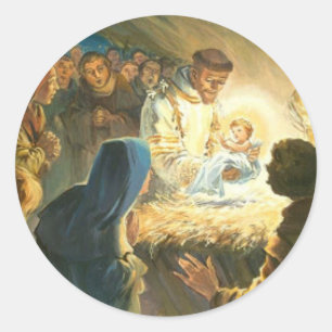 ベビーのイエス・キリストのクリスマスのギフトの出生を用いるSt. Francis ラウンドシール