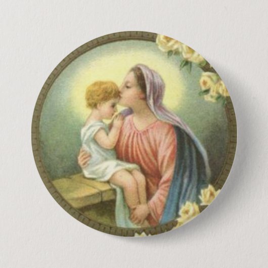 ベビーのイエス・キリストのバラに接吻している新しい母メリー 缶バッジ (正面)