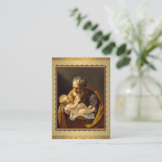 ベビーのイエス・キリストMemorareの祈りの言葉を握っているセントジョーゼフ 名刺 (スタンド正面)